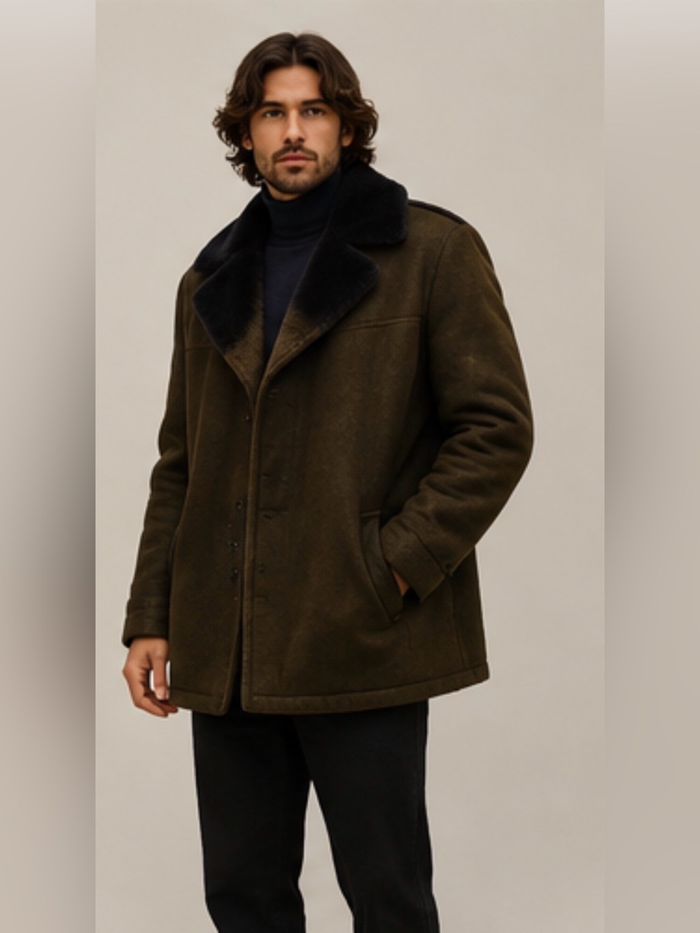 Vintage 90’s Dark Olive Wool Car Coat Faux Mouton Shearling Mens Large